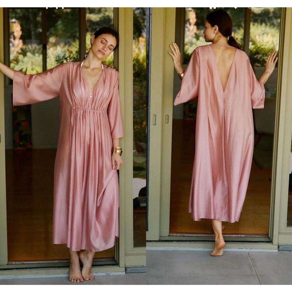 Anthropologie Deep-V Neck Cinched Waist Kaftan 0ne Size Pink Boho Beach Vacation